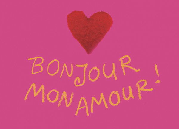 BONJOUR MON AMOUR & rotes Plüschherz - Postkarte von Inkognito - MaBe®