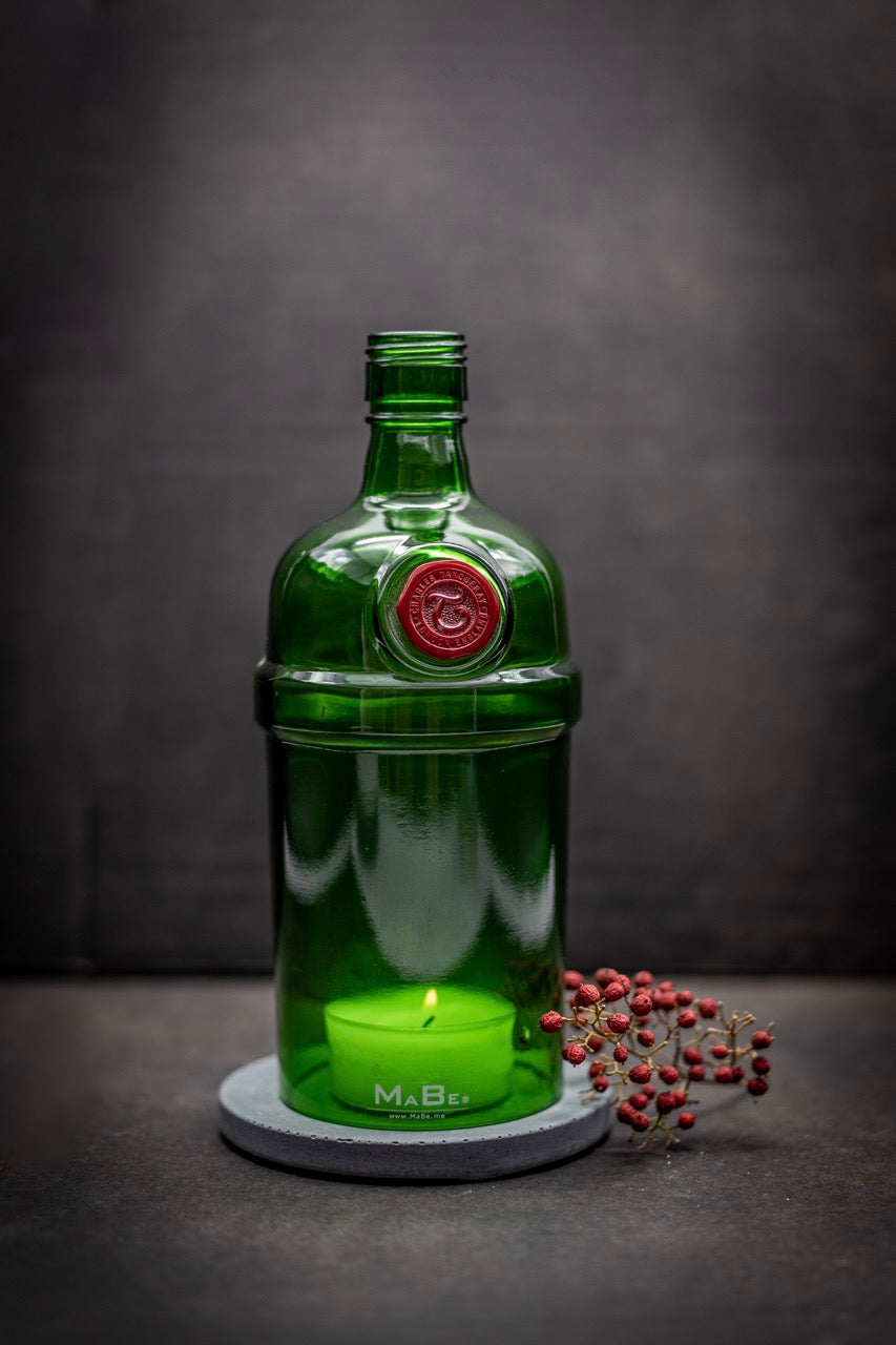 Windlicht Gin Flasche grün | grauer Untersetzer
