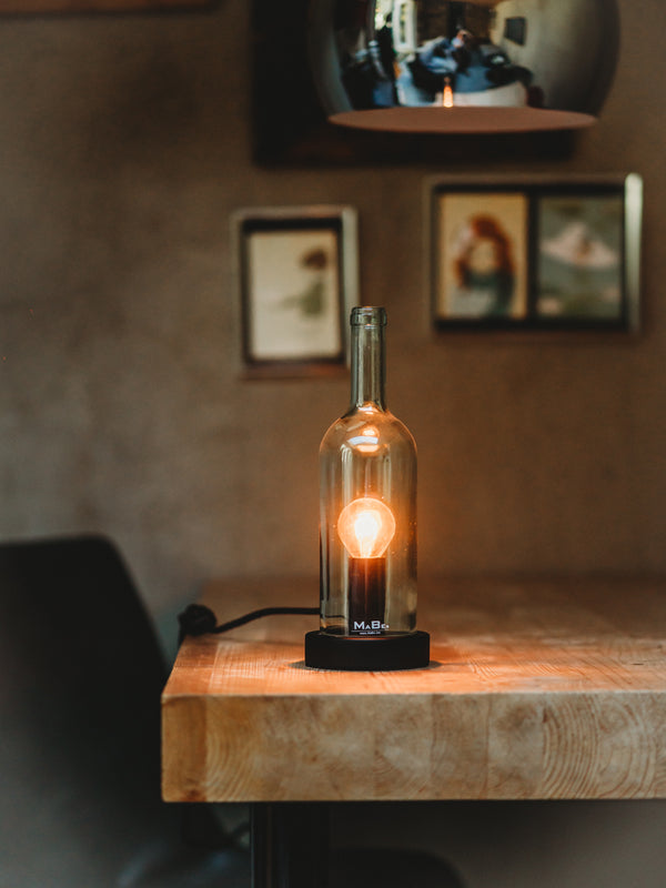 TischLampe KLASSIK Wein Flasche  Korkmündung & WINDLICHT
