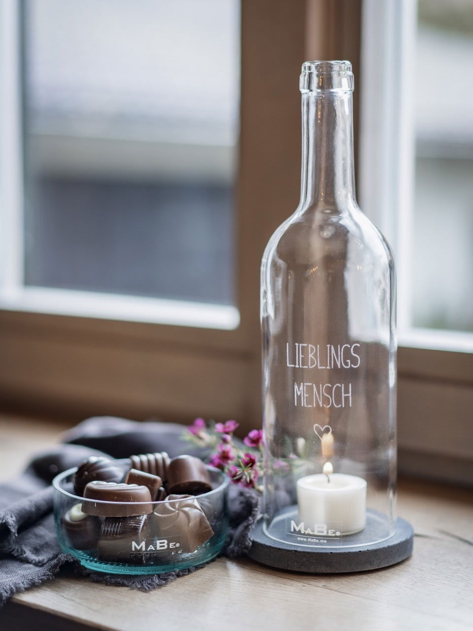 Windlicht Lieblingsmensch Gravur Bordeaux transparent - MaBe®
