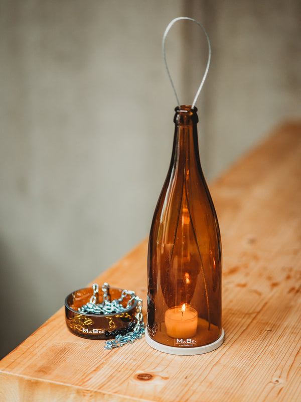 Windlicht zum Hängen aus alten Apfelwein- und Apfelsaft Flaschen aus dem Odenwald