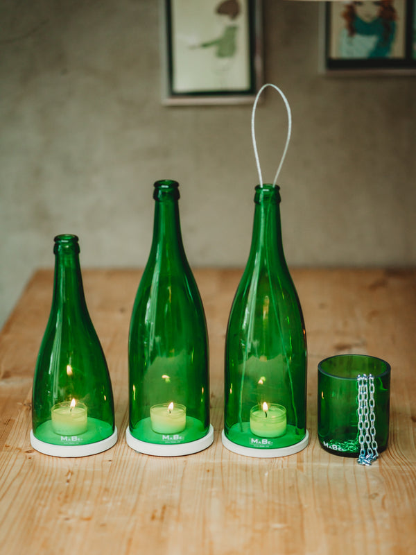Windlicht zum Hängen aus alten Apfelwein- und Apfelsaft Flaschen aus dem Odenwald