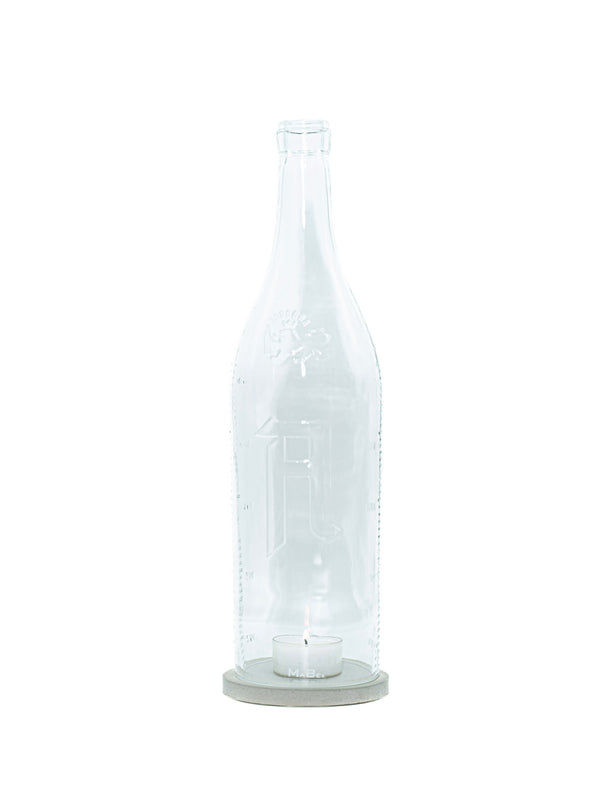 Big Bottle Windlicht (40cm)3l Weinbrand mit Prägung | grauer Untersetzer